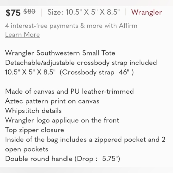 Wrangler Blue Southwestern Aztec Print Small Tote Crossbody - Picture 4 of 4